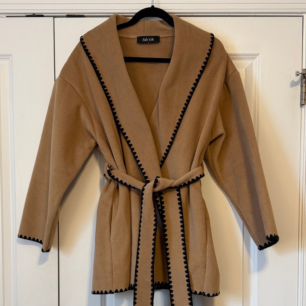 fab'rik Tan Fleece Cardigan with Black Accents